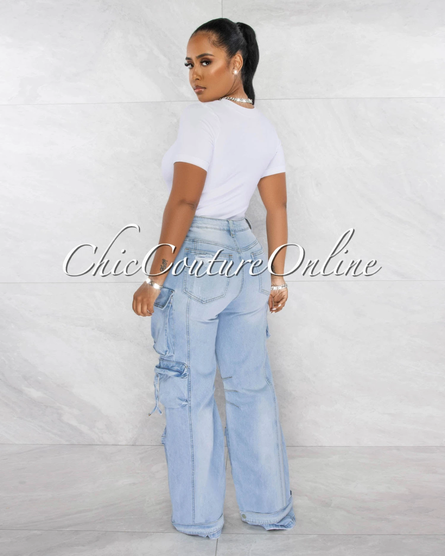 Pallas Light Denim Distressed Wide Cargo Jeans - Image 3