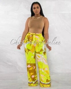 Viviana Lime Multi-Color Print Pleated Wide Pants