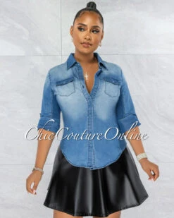 Hodson Medium Denim Front Buttons Ribbed Accent Shirt