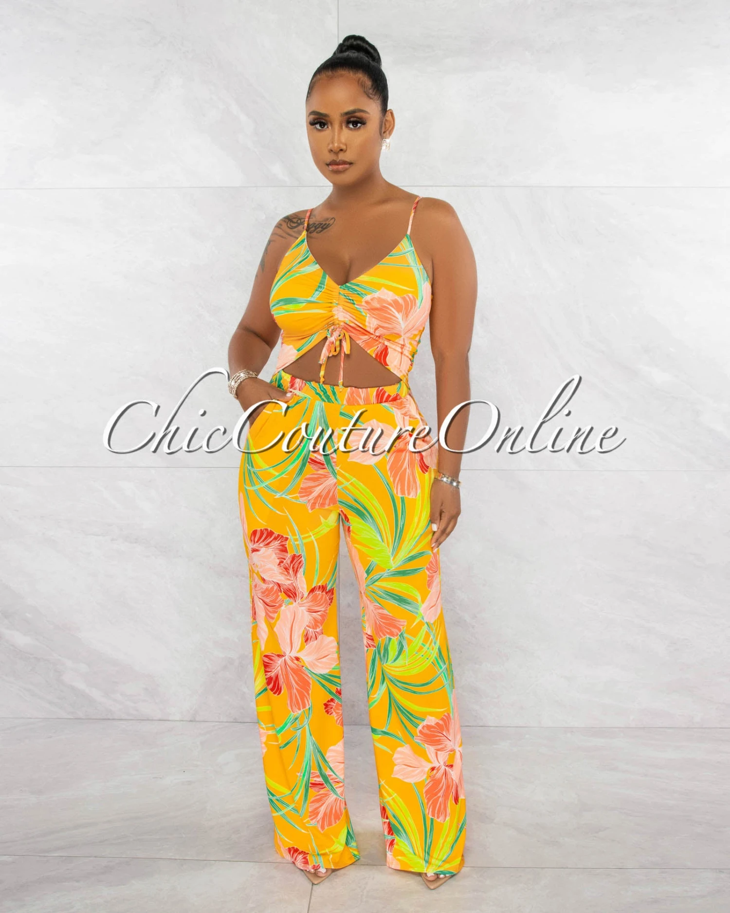 Barlie Yellow Orange Print Ruched Cut-Out Jumpsuit - Image 2