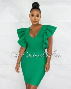 Barend Green V-Neck Ruffle Sleeves Bandage Midi Dress