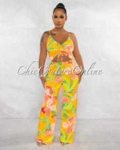 Barlie Yellow Orange Print Ruched Cut-Out Jumpsuit
