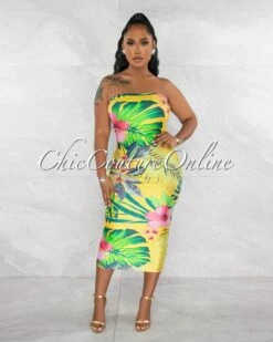 Lanza Yellow Floral Print Tube Midi Dress