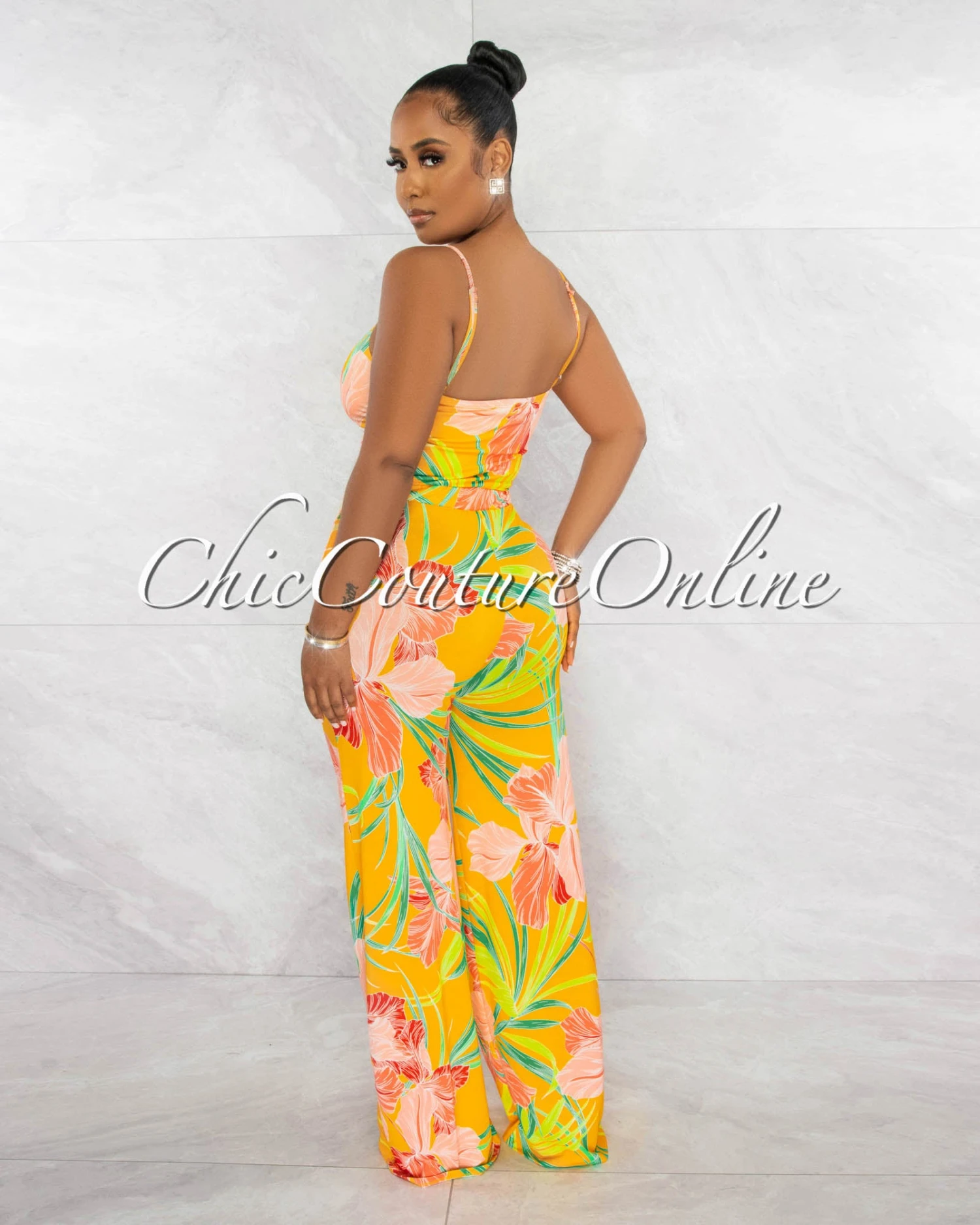 Barlie Yellow Orange Print Ruched Cut-Out Jumpsuit - Image 3