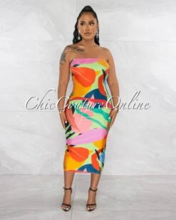 Cartagena Green Multi-Color Print Tube Midi Dress