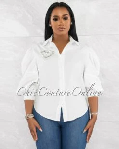 Henrick Off-White Rhinestones Heart Buttoned Shirt