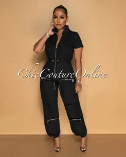 Morcan Black Cargo Pockets Jogger Jumpsuit