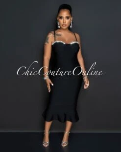 Polly Black Rhinestones Bust Trim Bandage Midi Dress