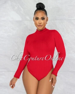 Wisteria Red Ribbed Long Sleeves Bodysuit