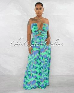 Rhawn Blue Green Print Front Cut-Out Lace-Up Jumpsuit