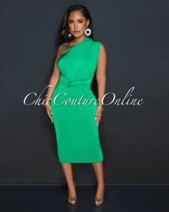 Idris Green Single Shoulder Front Knot Midi Dress