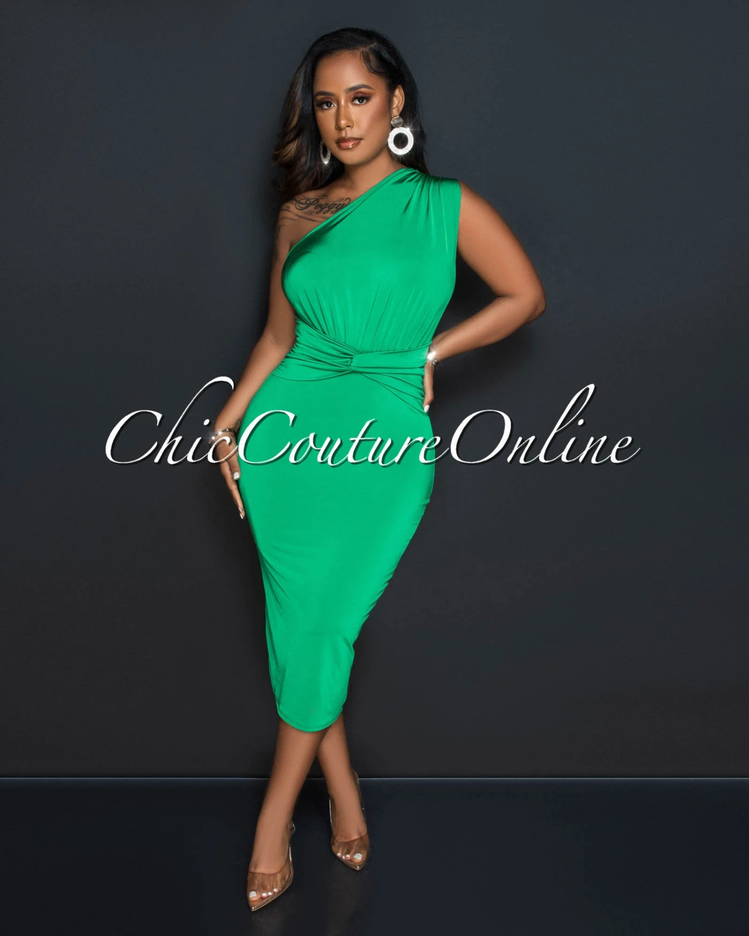 Idris Green Single Shoulder Front Knot Midi Dress - Image 2