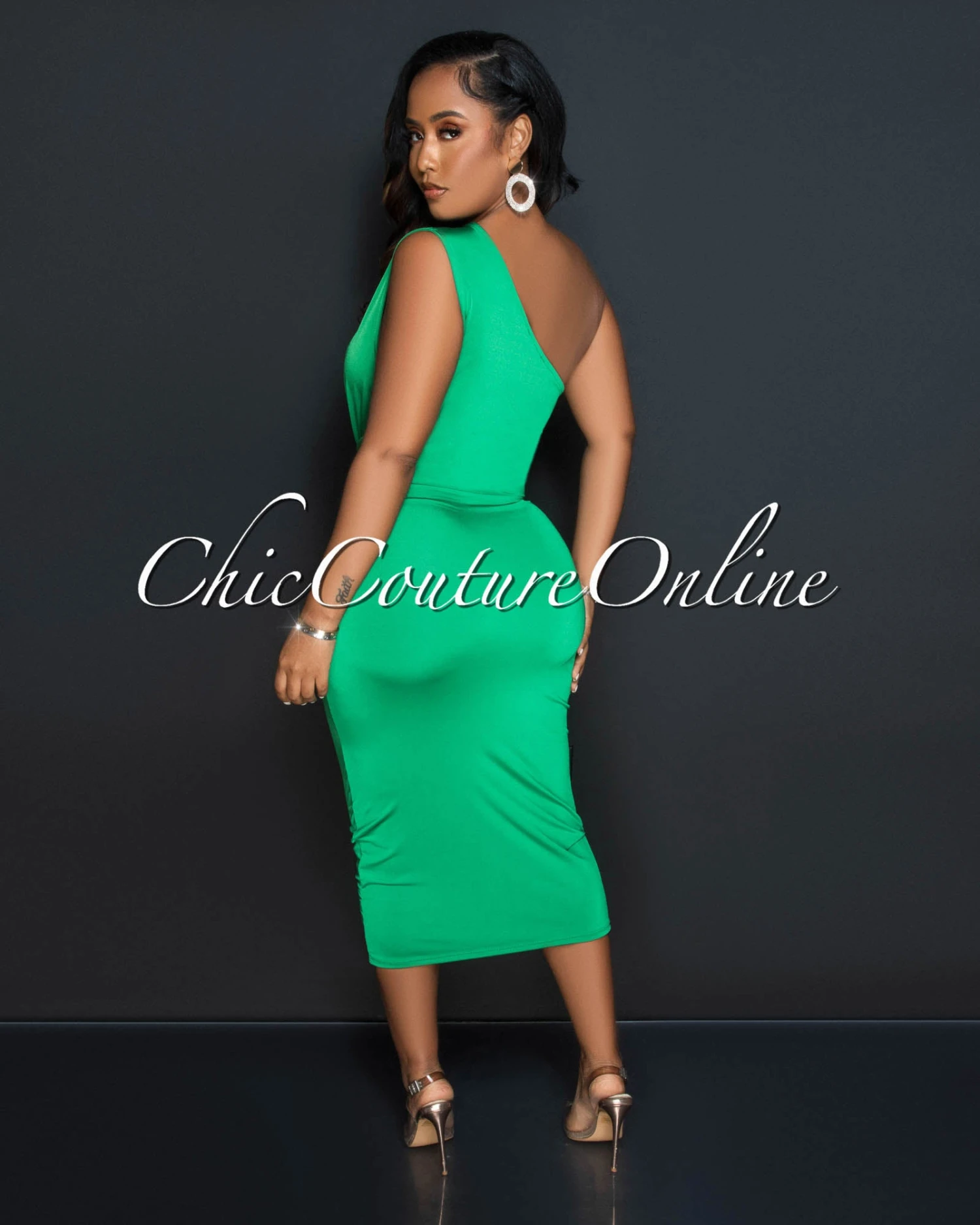 Idris Green Single Shoulder Front Knot Midi Dress - Image 3