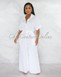 Vivian White Collared Neck Wide Legs LINEN Jumpsuit