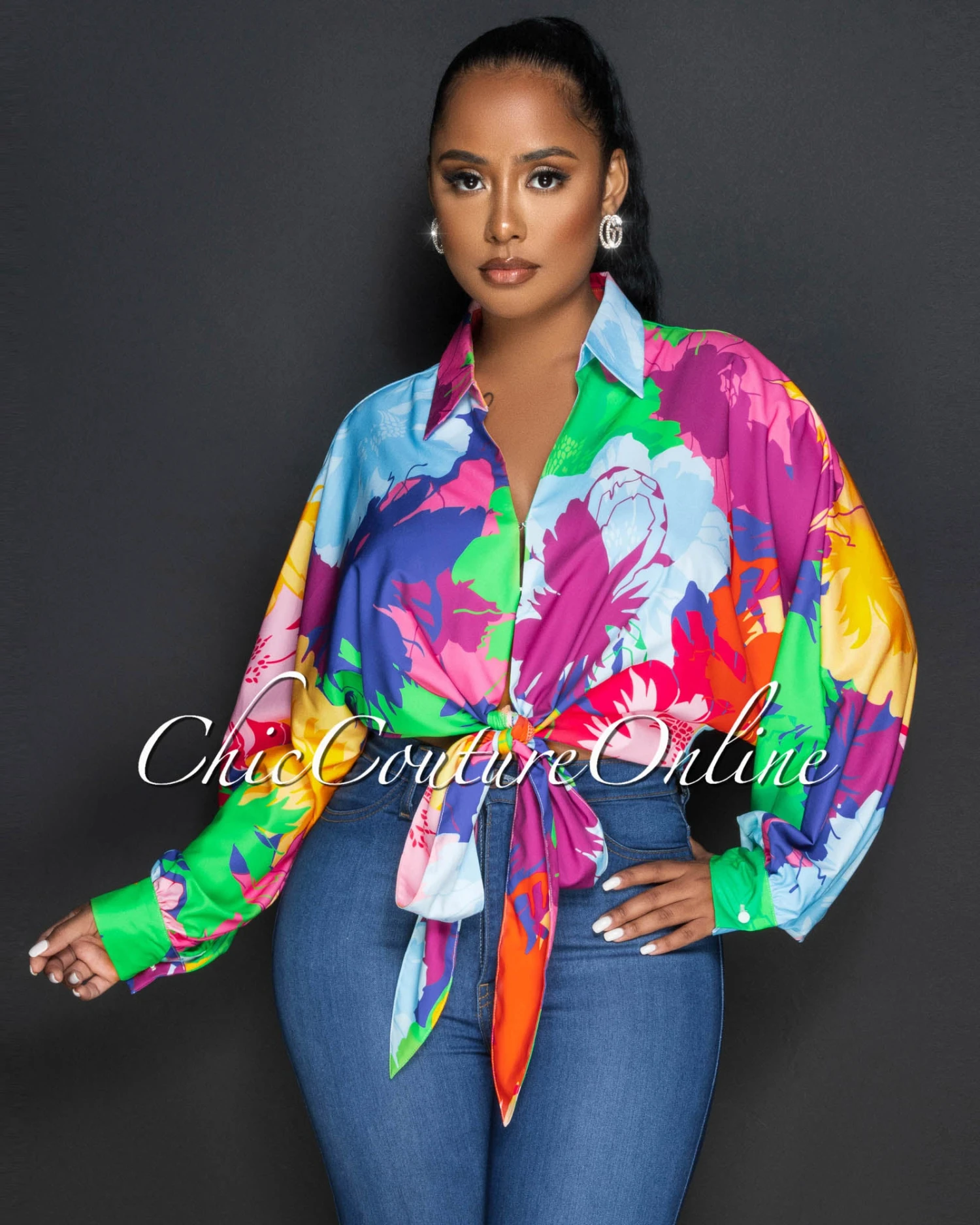 Odette Multi-Color Print Front Tie Blouse