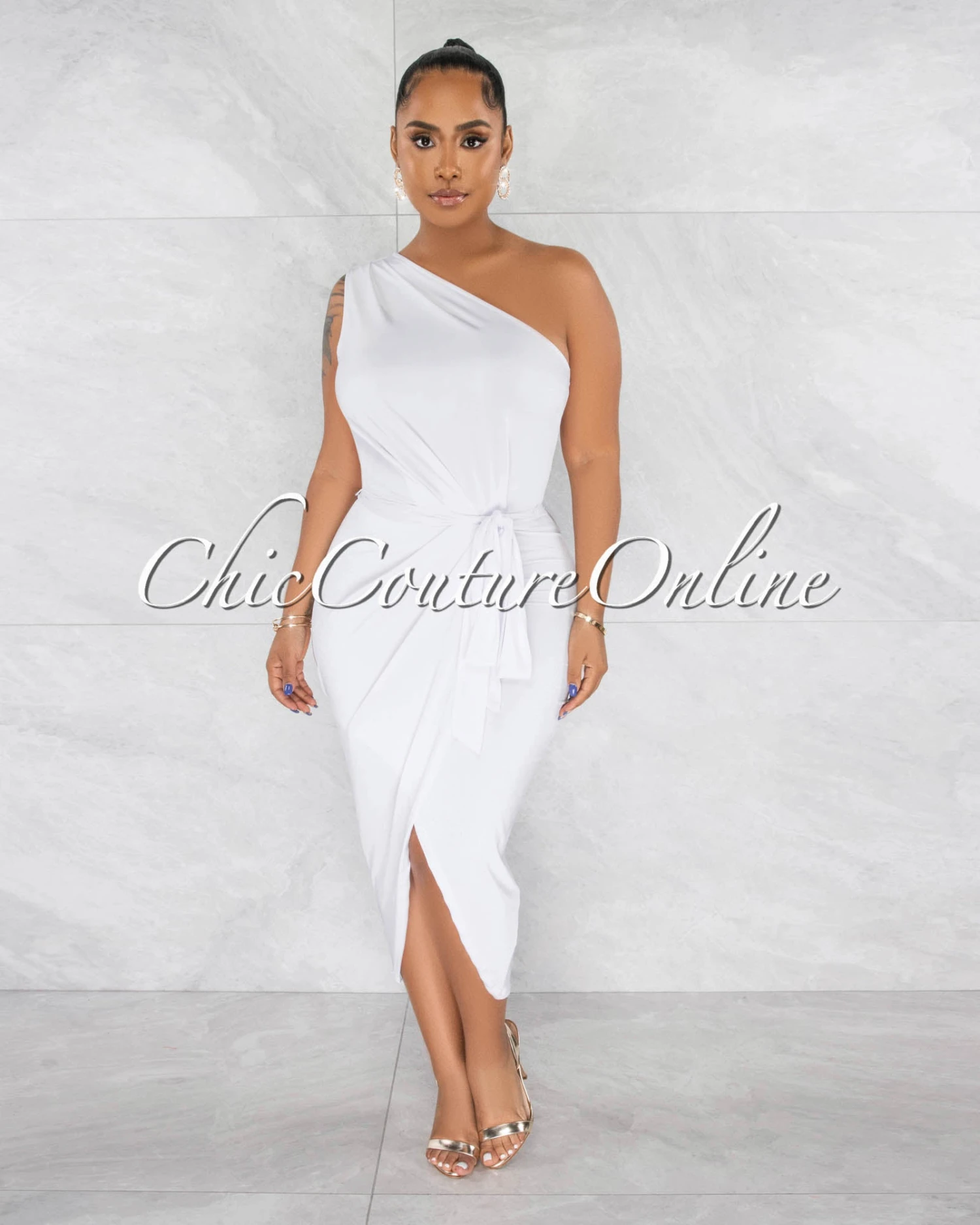 Twyla Off-White Single Shoulder Front Slit Midi Dress - Image 2