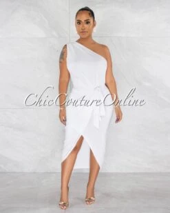 Twyla Off-White Single Shoulder Front Slit Midi Dress