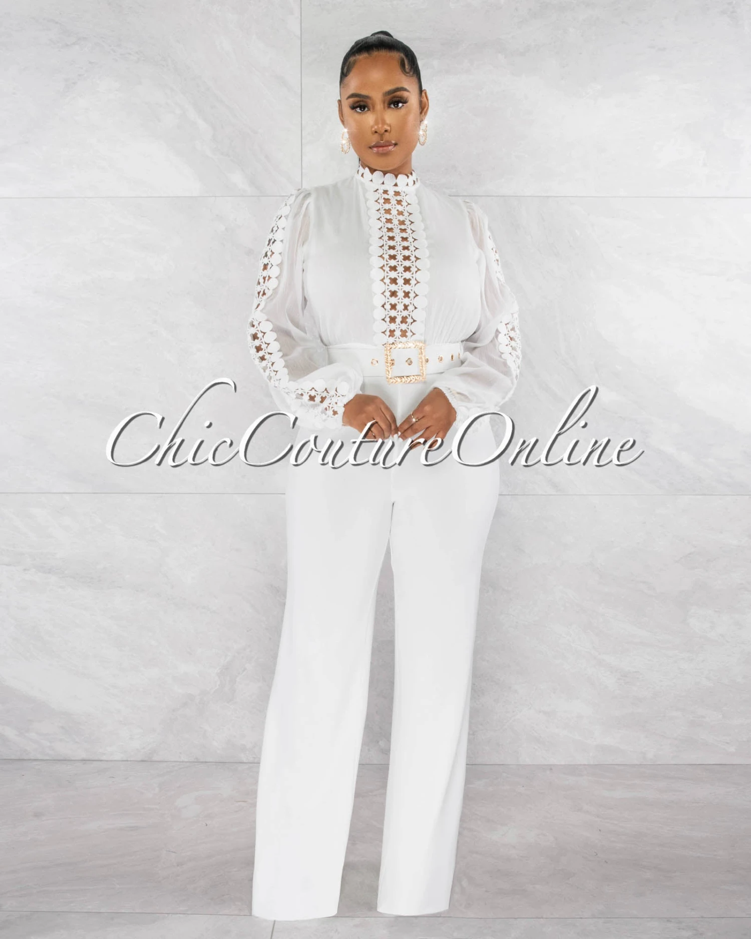 Taima Off-White Crochet Shimmer Top Gold Buckle Belt Jumpsuit - Image 2