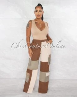 Montague Nude Brown Color Block Wide Cargo Pants