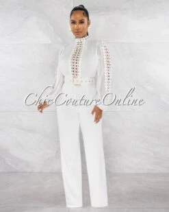 Taima Off-White Crochet Shimmer Top Gold Buckle Belt Jumpsuit