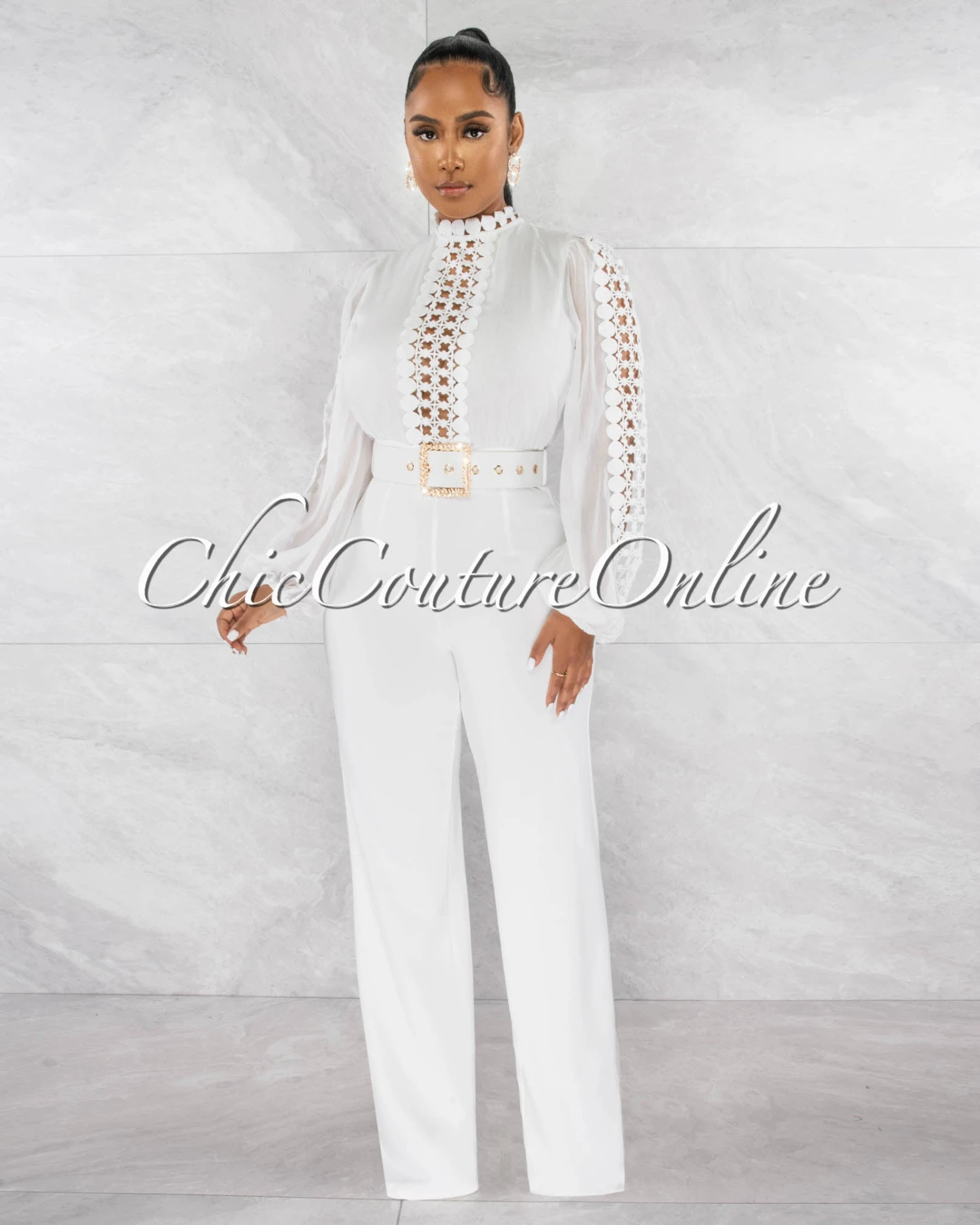 Taima Off-White Crochet Shimmer Top Gold Buckle Belt Jumpsuit