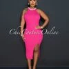 Mariel Fuchsia Gold Link & Pearls Neckline Ribbed Midi Dress