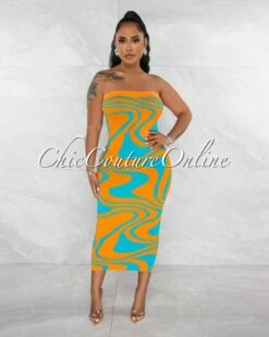 Beryl Orange Turquoise Print Tube Knit Midi Dress