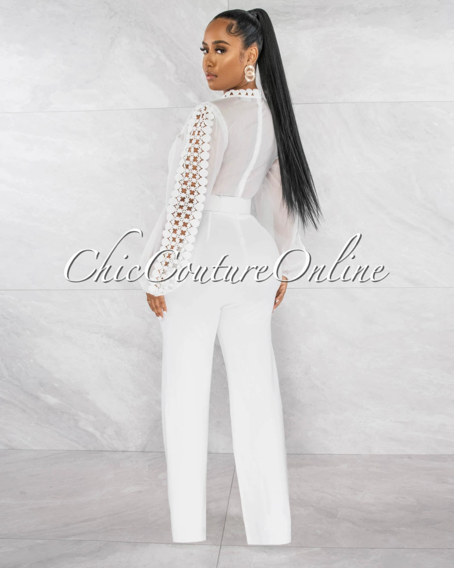 Taima Off-White Crochet Shimmer Top Gold Buckle Belt Jumpsuit - Image 3