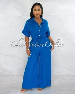 Vivian Royal Blue Collared Neck Wide Legs LINEN Jumpsuit