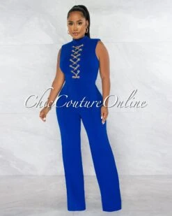 Brandy Royal Blue Gold Link Lace-Up Jumpsuit