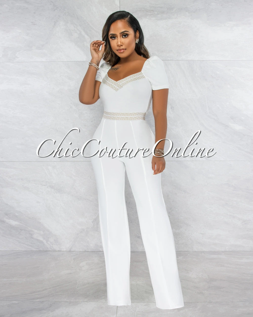 Andres Off-White Nude Fret Print Bubble Sleeves Jumpsuit - Image 2