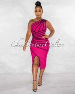 Morgany Fuchsia Black Stripes Bandage Midi Dress