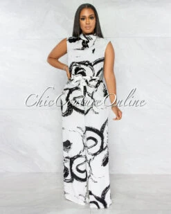 Rigby Off-White Black Print Wide Legs Jumpsuit