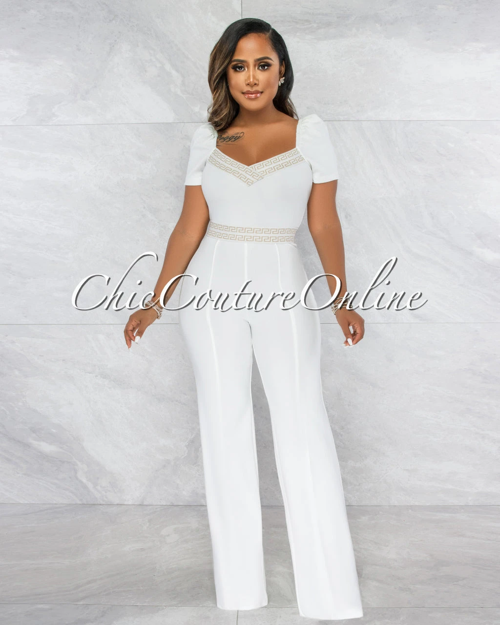 Andres Off-White Nude Fret Print Bubble Sleeves Jumpsuit - Image 4