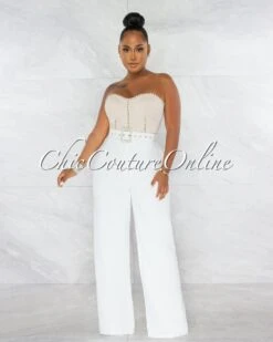 Millen Nude White Rhinestones Belt Luxe Jumpsuit