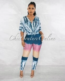 Beauford Navy Multi-Color Tie-Dye Drawstring Waistband Jumpsuit