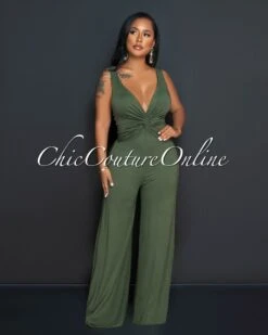 Karyn Olive Green V-Neck Front Knot Jumpsuit