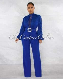Taima Blue Crochet Shimmer Top Gold Buckle Belt Jumpsuit