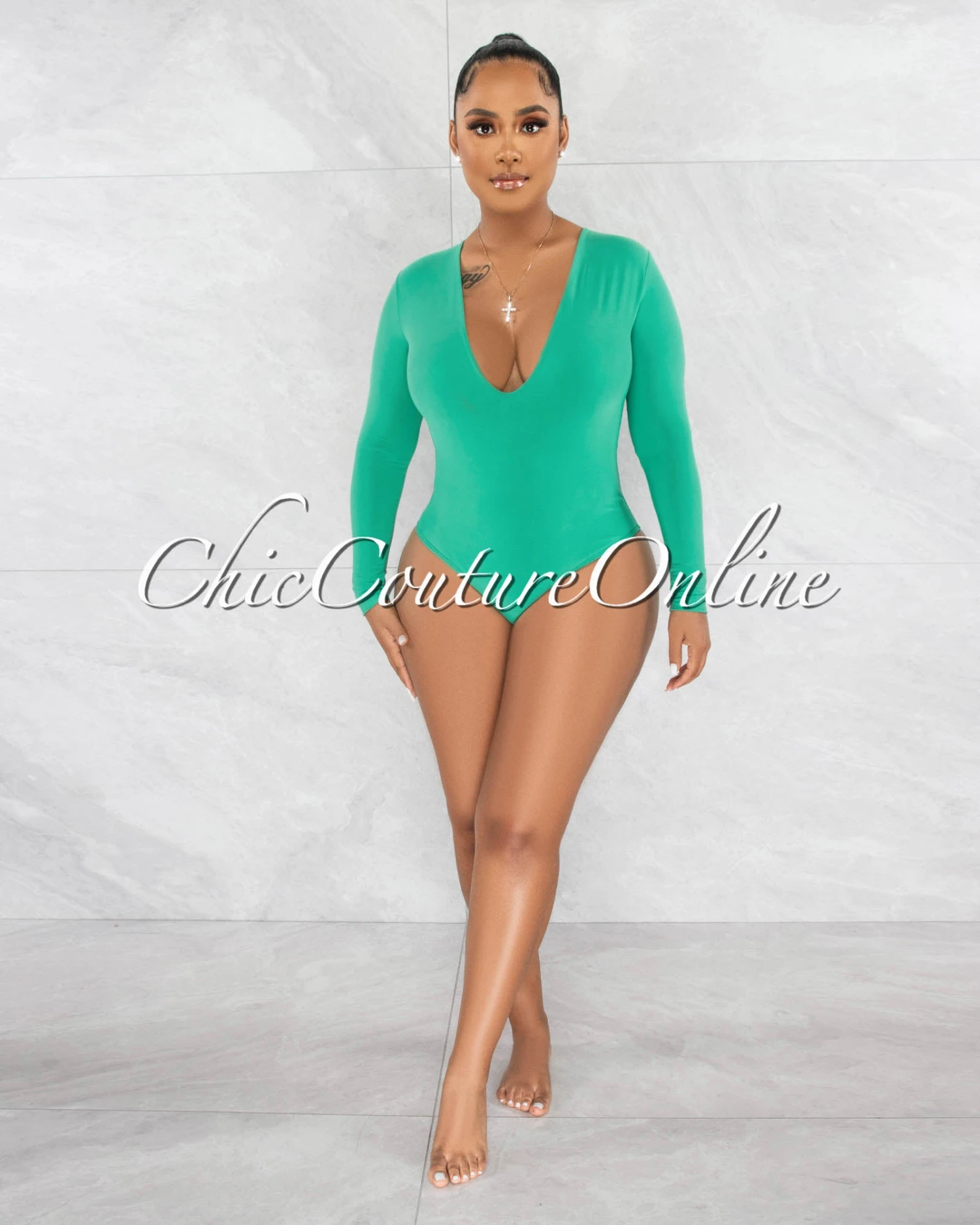 Nilam Green Deep V Neck Long Sleeves Bodysuit - Image 2