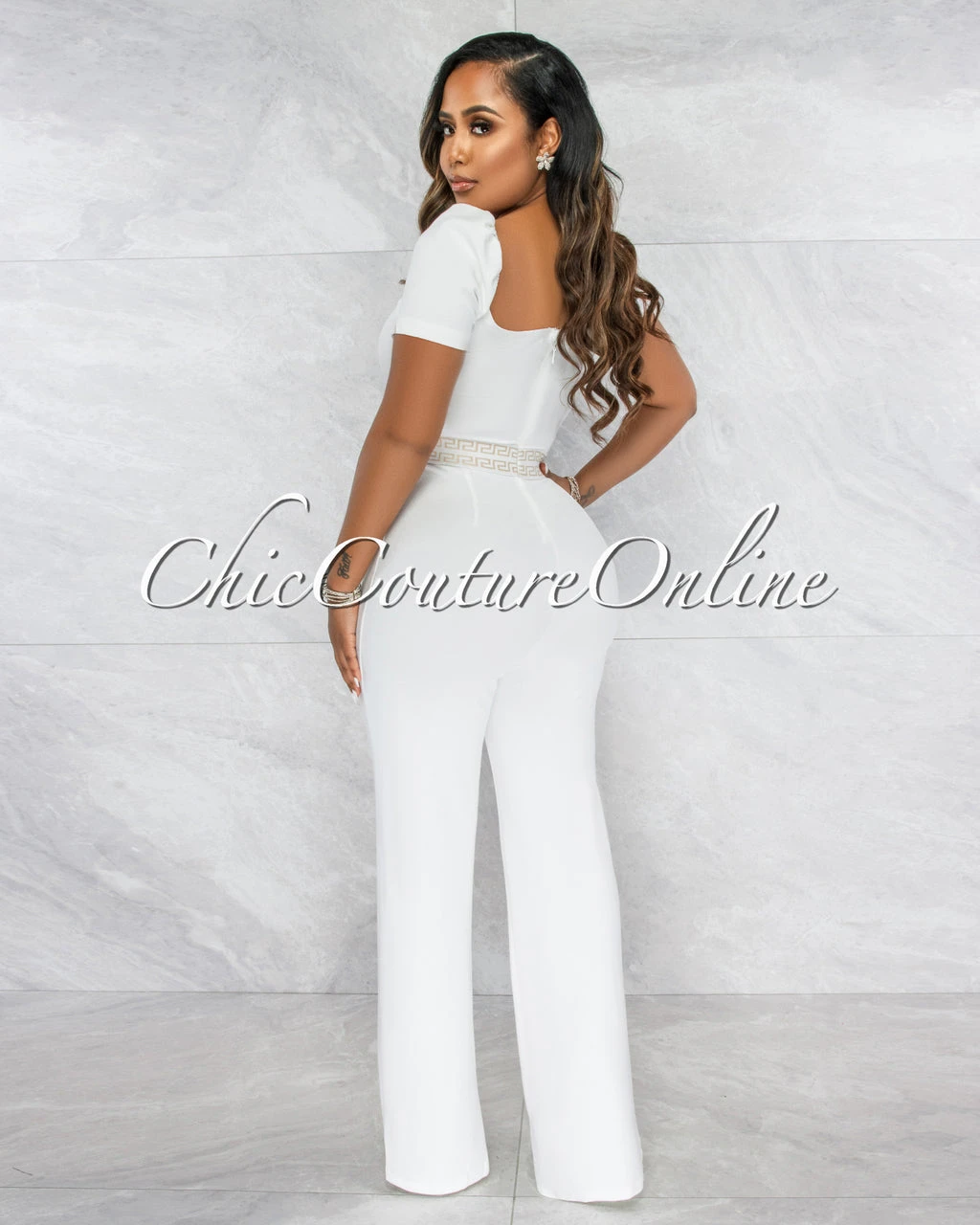 Andres Off-White Nude Fret Print Bubble Sleeves Jumpsuit - Image 3