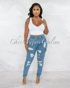 Moncado Medium Denim Distressed Cargo Jeans