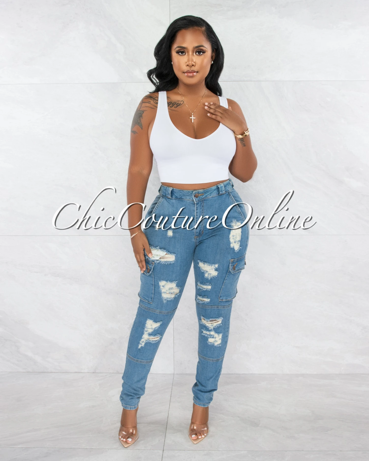 Moncado Medium Denim Distressed Cargo Jeans