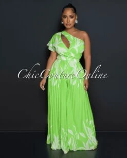 Jayra Lime Leaf Print Single Shoulder Pleated Jumpsuit
