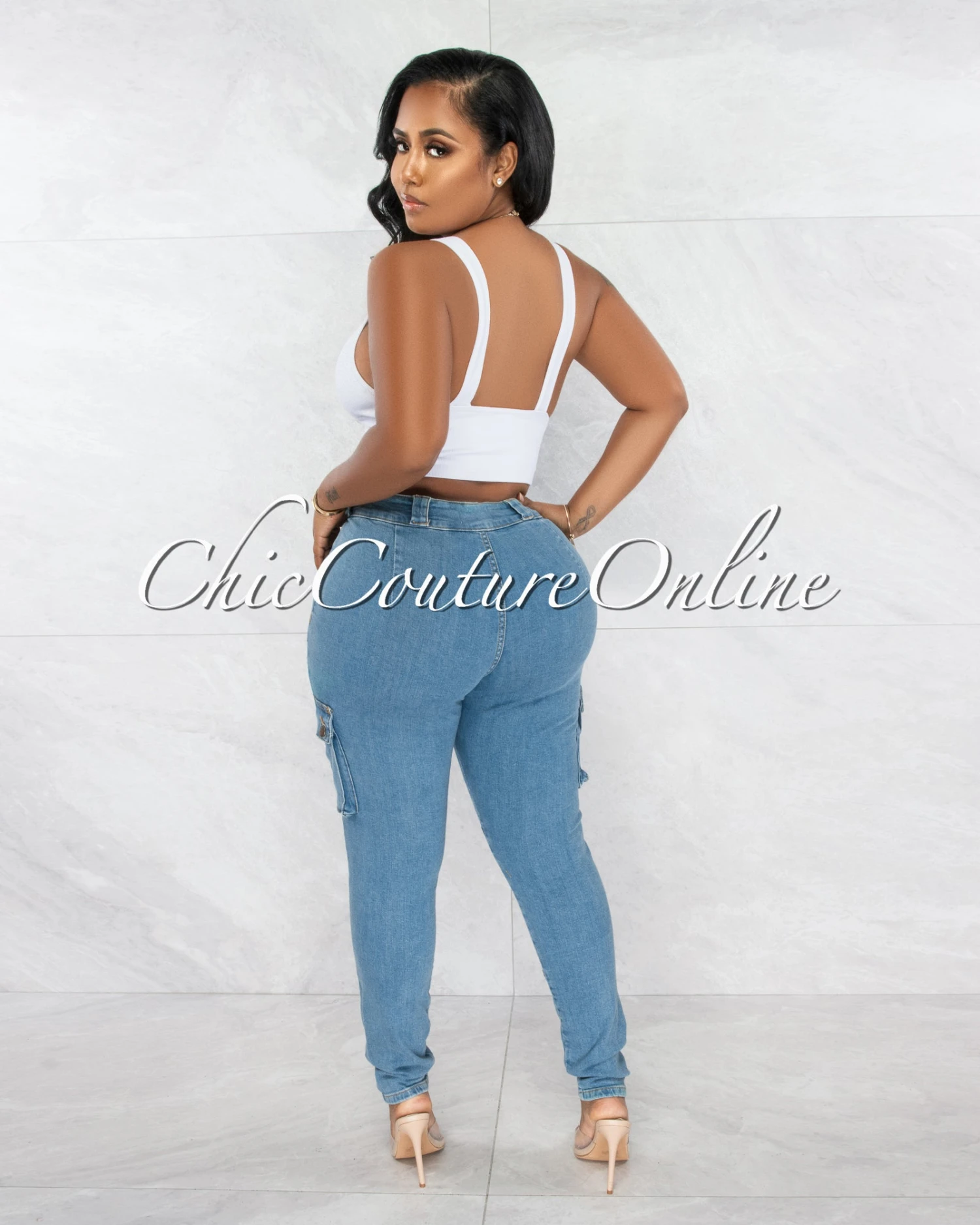 Moncado Medium Denim Distressed Cargo Jeans - Image 3