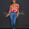 Aradia Pink Multi-Color Retro Print Sheer Crop Blouse