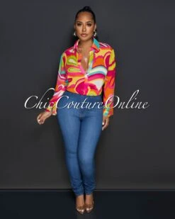 Aradia Pink Multi-Color Retro Print Sheer Crop Blouse