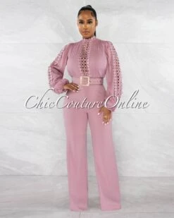 Taima Mauve Crochet Shimmer Top Gold Buckle Belt Jumpsuit