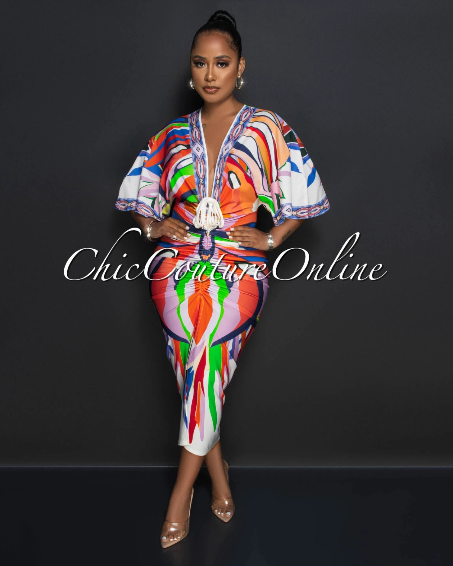 Montalvo Multi-Color Deep V Neckline Ruched Midi Dress