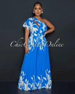 Jayra Royal Blue Leaf Print Single Shoulder Pleated Jumpsuit