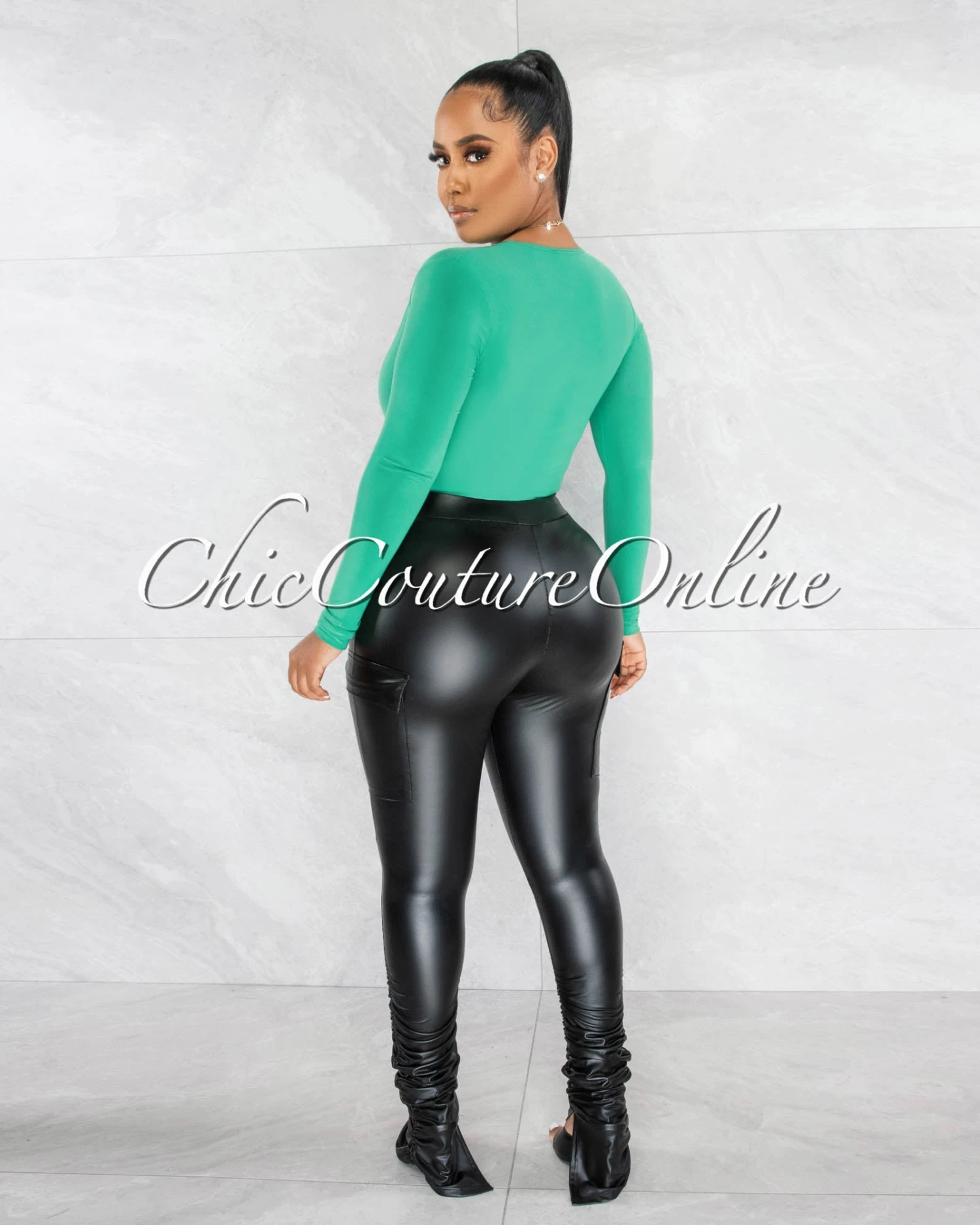 Nilam Green Deep V Neck Long Sleeves Bodysuit - Image 7